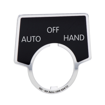 Schneider Electric 9001 Legend plate; "AUTO-OFF-HAND"; aluminum; 44x50mm w/ ring; black